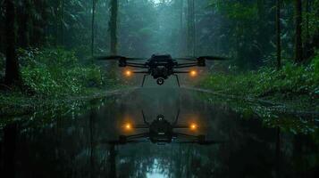 A drone flying over a forest with water photo