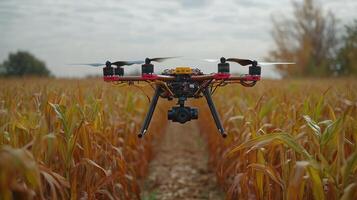 A drone flying over a corn field photo