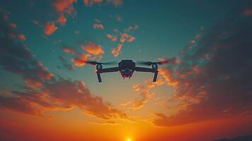 A drone flying in the sky at sunset photo