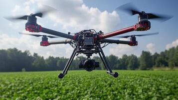 A drone flying over a field of green grass photo
