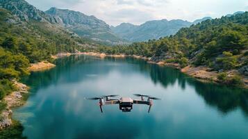 Drone flying over a lake in the mountains photo