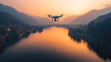 A person flying a drone over a river and mountains photo