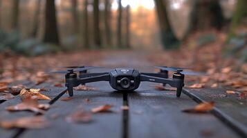 A small black drone on a wooden path in the woods photo