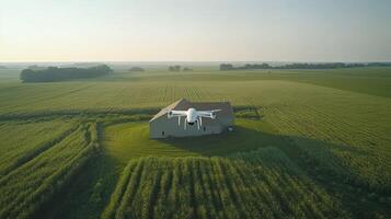 An aerial view of a house in a field photo