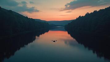 A boat is floating in a river at sunset photo