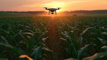 A drone is flying over a corn field photo