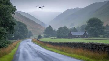 A drone flying over a road in the countryside photo