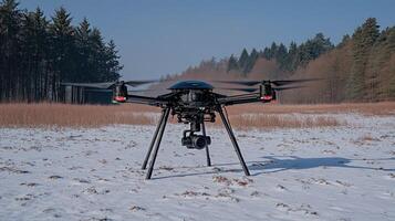 A black drone flying in the snow photo