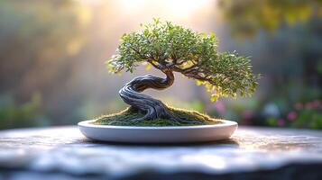 Bonsai tree in a bowl on a table photo