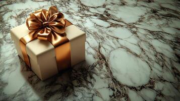 A gift box with a bow on top of a marble surface photo