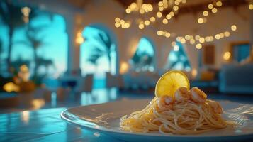 A plate of spaghetti with lemon slices and shrimp photo