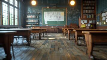 An empty classroom with wooden desks and a chalkboard photo
