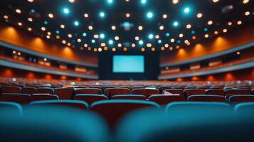Empty theater seats with lights in the background photo