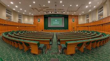 A large auditorium with green seats and a projector screen photo