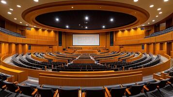 A large auditorium with rows of chairs and a projector screen photo