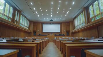 A large auditorium with rows of wooden chairs photo