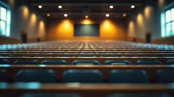Empty auditorium with rows of chairs photo