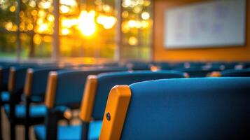 Empty chairs in a conference room with the sun setting photo