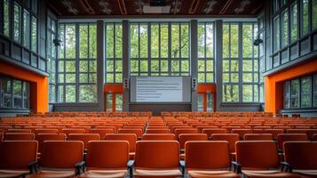 A large auditorium with orange chairs and a projector screen photo