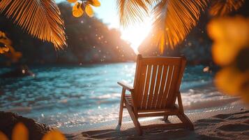 A chair sits on the beach near the water photo