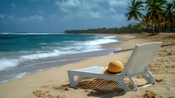 A white beach chair with a hat sitting on the sand photo