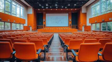 An empty auditorium with orange chairs photo