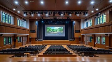A large auditorium with a projector screen and chairs photo