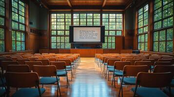 A large room with rows of chairs and a projector screen photo
