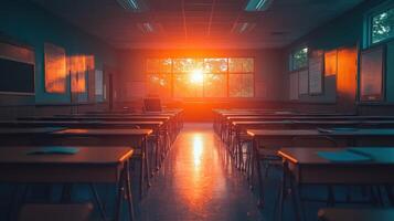 An empty classroom with the sun shining through the window photo