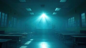 An empty classroom with a bright light shining through the window photo