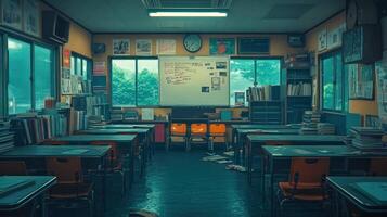 An empty classroom with desks and chairs photo
