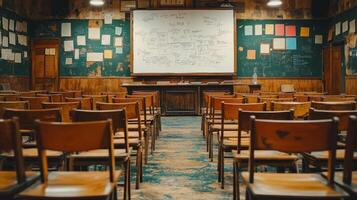 Empty classroom with wooden chairs and a projector screen photo