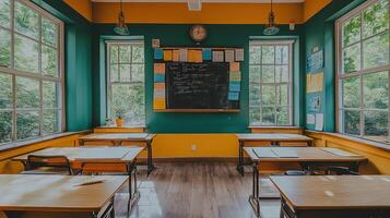 An empty classroom with yellow walls and wooden desks photo