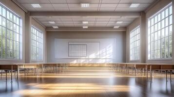 Empty classroom with large windows and wooden floors photo