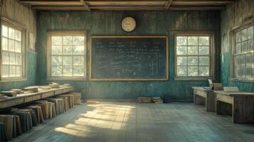 An old school room with a chalk board and books photo