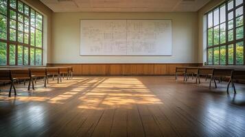 A large room with a white board on the wall photo