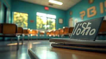 Laptop on desk in classroom with chairs in background photo