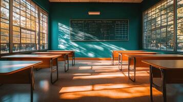 An empty classroom with desks and a chalkboard photo