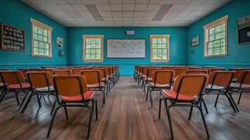 A room with many chairs and a white board photo