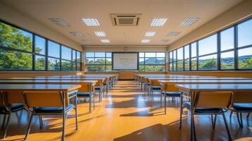 Empty classroom with large windows and wooden desks photo
