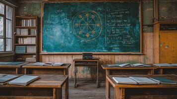 An old classroom with desks and a chalkboard photo