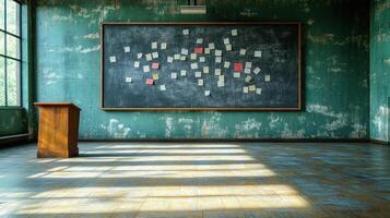 An empty classroom with a chalkboard and a wooden podium photo