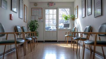 A hallway with chairs and a door photo