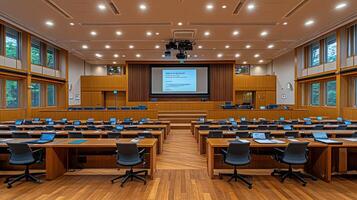A large conference room with wooden floors and large windows photo