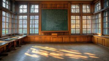 A room with a chalkboard and windows photo