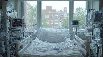 A hospital bed with a white sheet photo