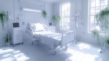 A hospital room with a bed and a window photo