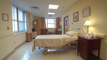 A hospital room with a bed and a desk photo