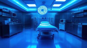 A hospital room with blue lighting and a bed photo