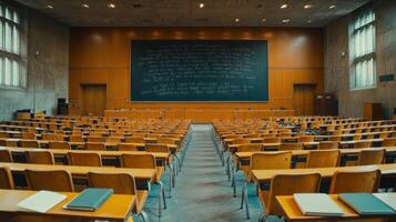 Empty lecture hall with blackboard and wooden chairs photo